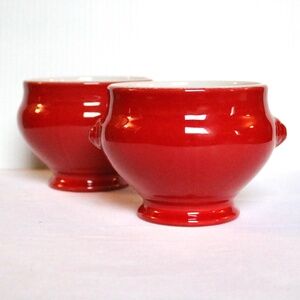 Set of 2 Emile Henry Red Footed Lion's Head Soup Bowl France Stoneware